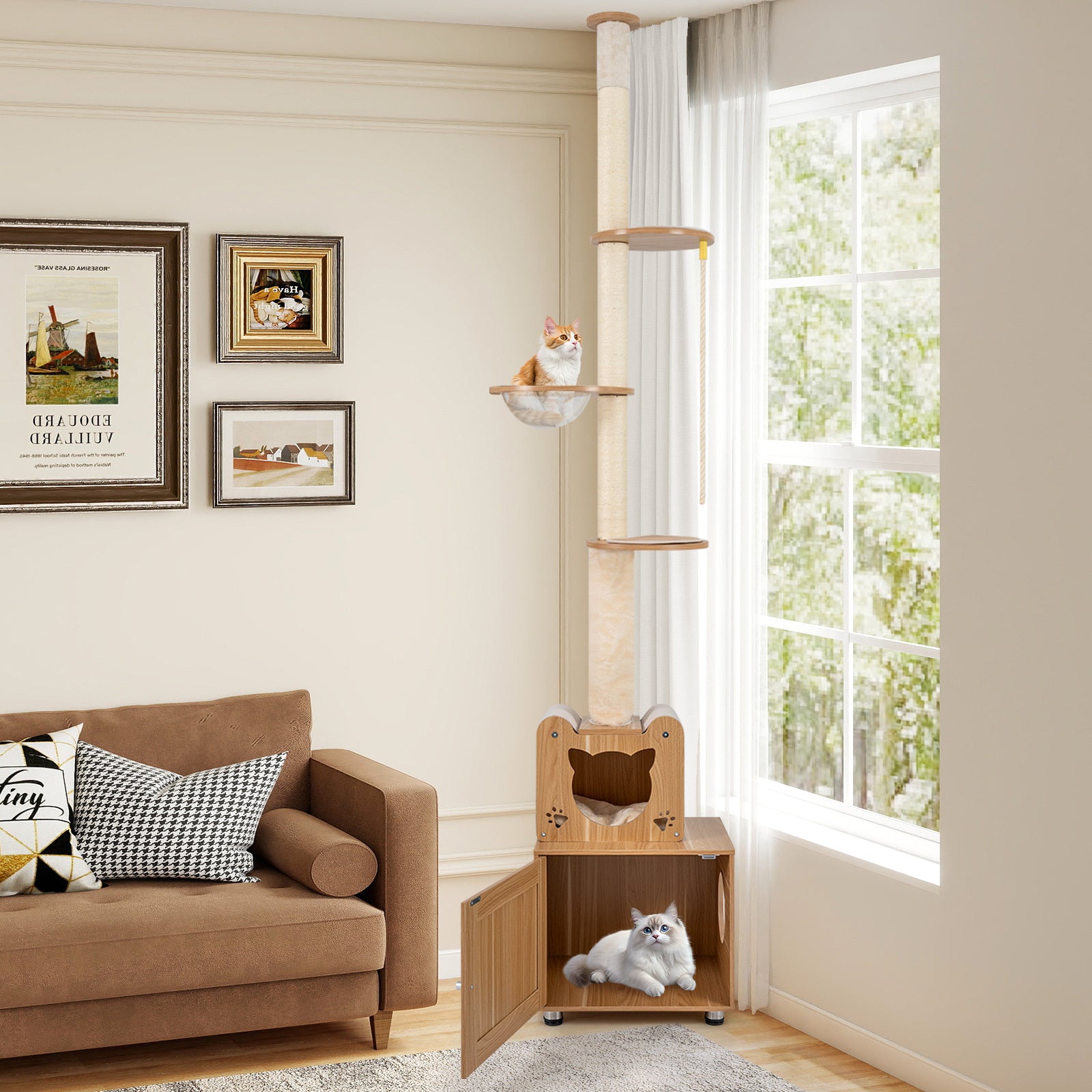 256-275 cm Adjustable Floor to Ceiling Cat Tree-Brown