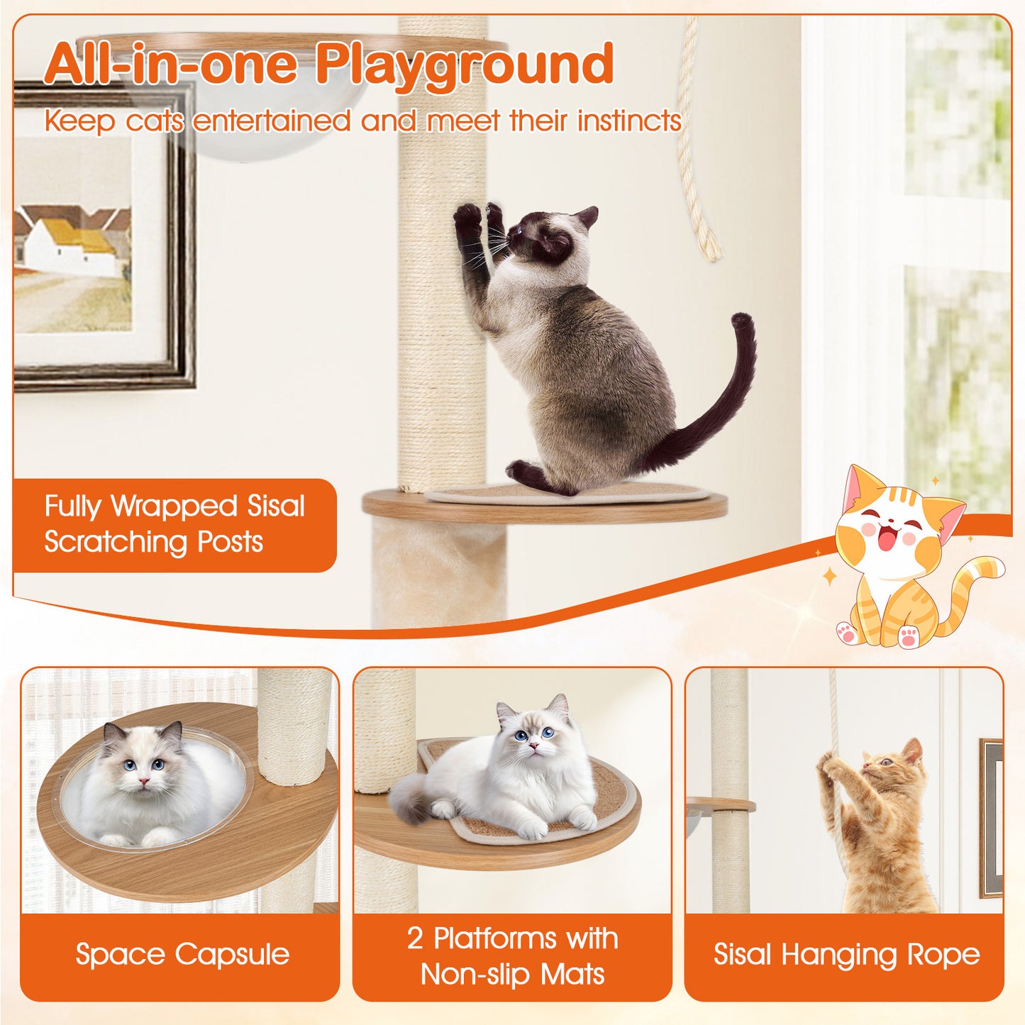 256-275 cm Adjustable Floor to Ceiling Cat Tree-Brown