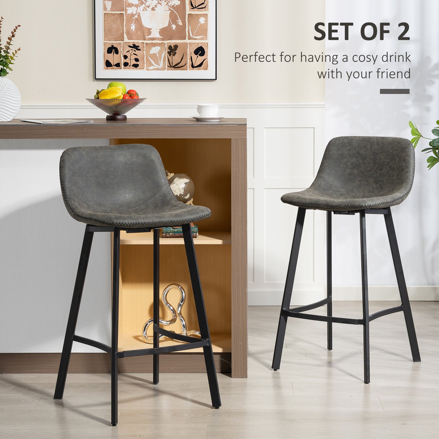 HOMCOM Bar Stools Set of 2, PU Leather Dining Stools with Backrest, Footrest, for Kitchen, Counter, Breakfast Bar, Grey