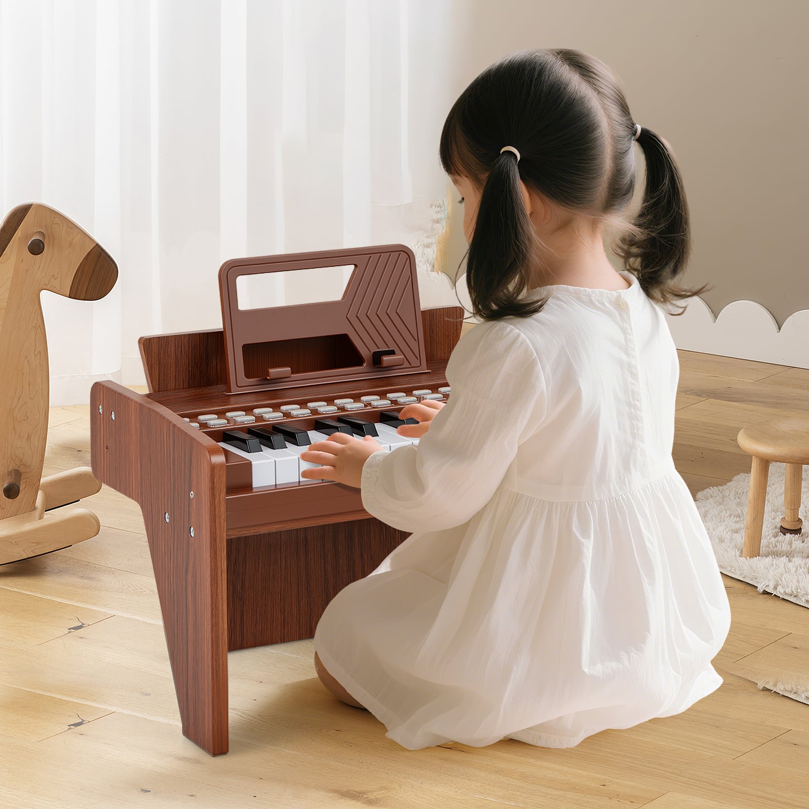 25 Lighted Keys Kids Piano Keyboard Mini Digital Piano Wooden Toy-Brown