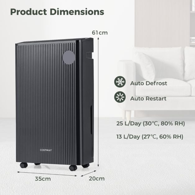 25L/D Dehumidifier for Home with 4 Modes 3-Color Indicator 24H Timer-Black
