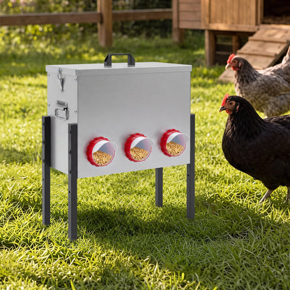 26L Automatic Chicken Feeder with 8 Openings and Adjustable Height Lockable Lid-Silver