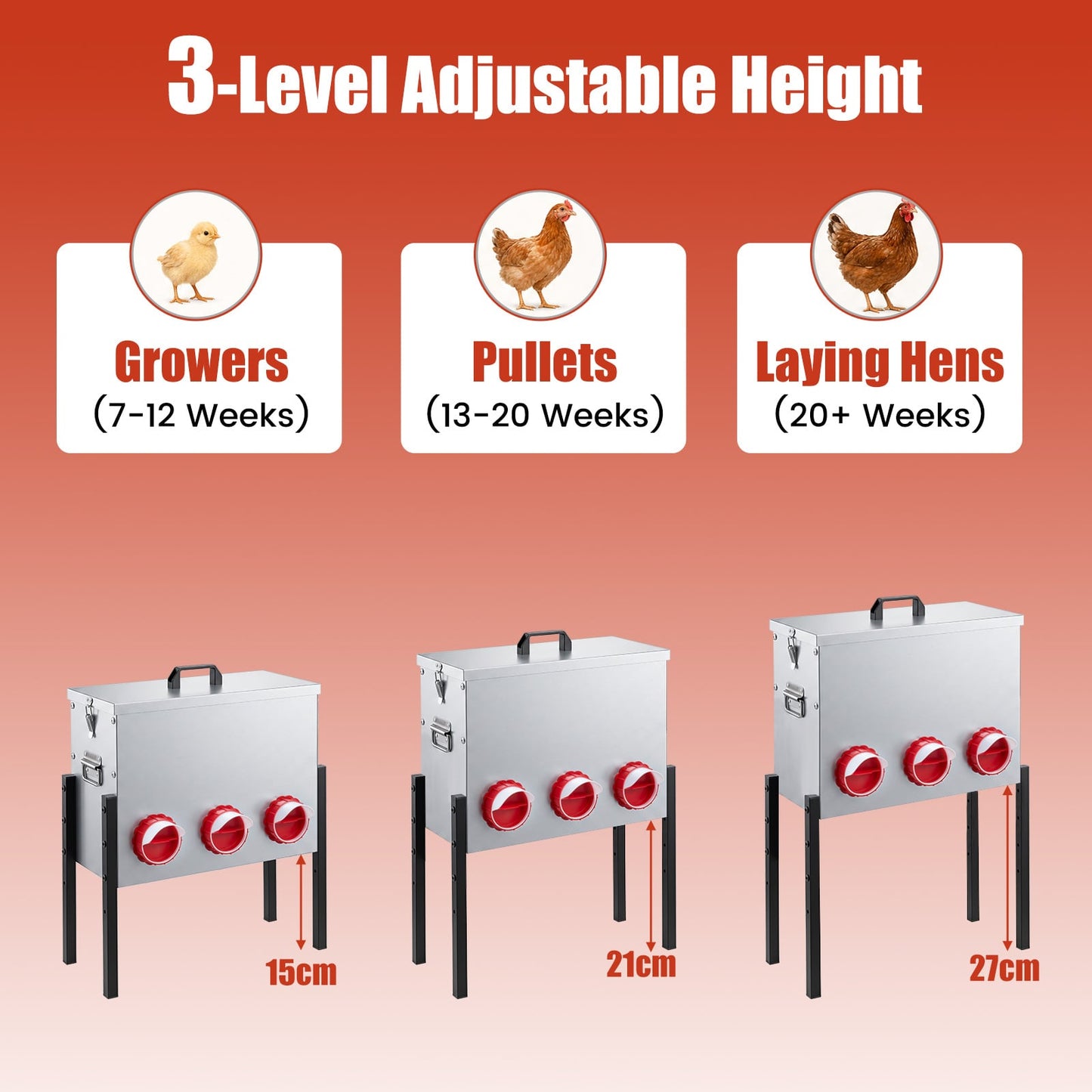 26L Automatic Chicken Feeder with 8 Openings and Adjustable Height Lockable Lid-Silver