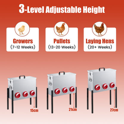 26L Automatic Chicken Feeder with 8 Openings and Adjustable Height Lockable Lid-Silver
