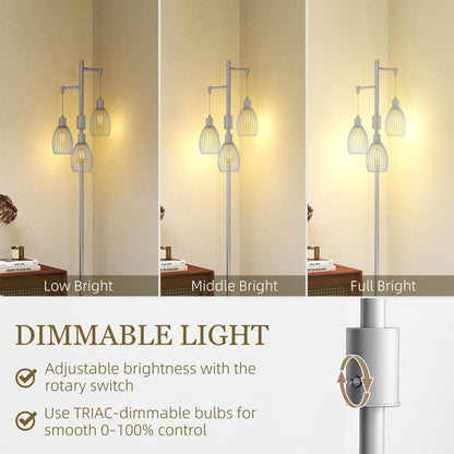 HOMCOM 3-Light Floor Lamp, 170cm Industrial Dimmable Standing Lamp with Steel Wire Cage Lampshades for Living Room, Bedroom, Dining Room, Study, Silver Tone
