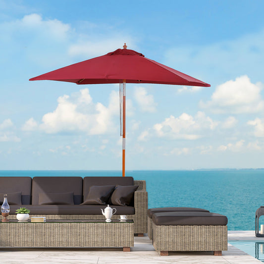 Outsunny 2m x 1.5m Parasol ogrodowy z odchylanym daszkiem przeciwsłonecznym, parasol ogrodowy na stół z drewnianą i bambusową ramą, bordowy
