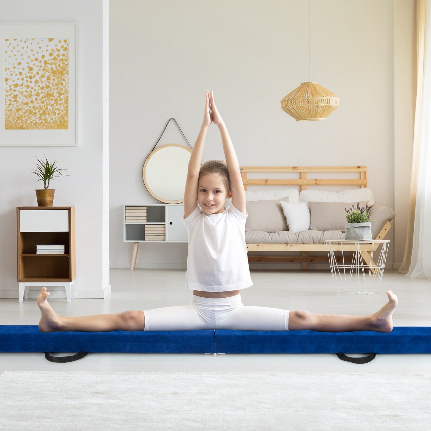 270CM Folding Balance Beam with Solid Wood Base and Anti-slip Bottom-Blue