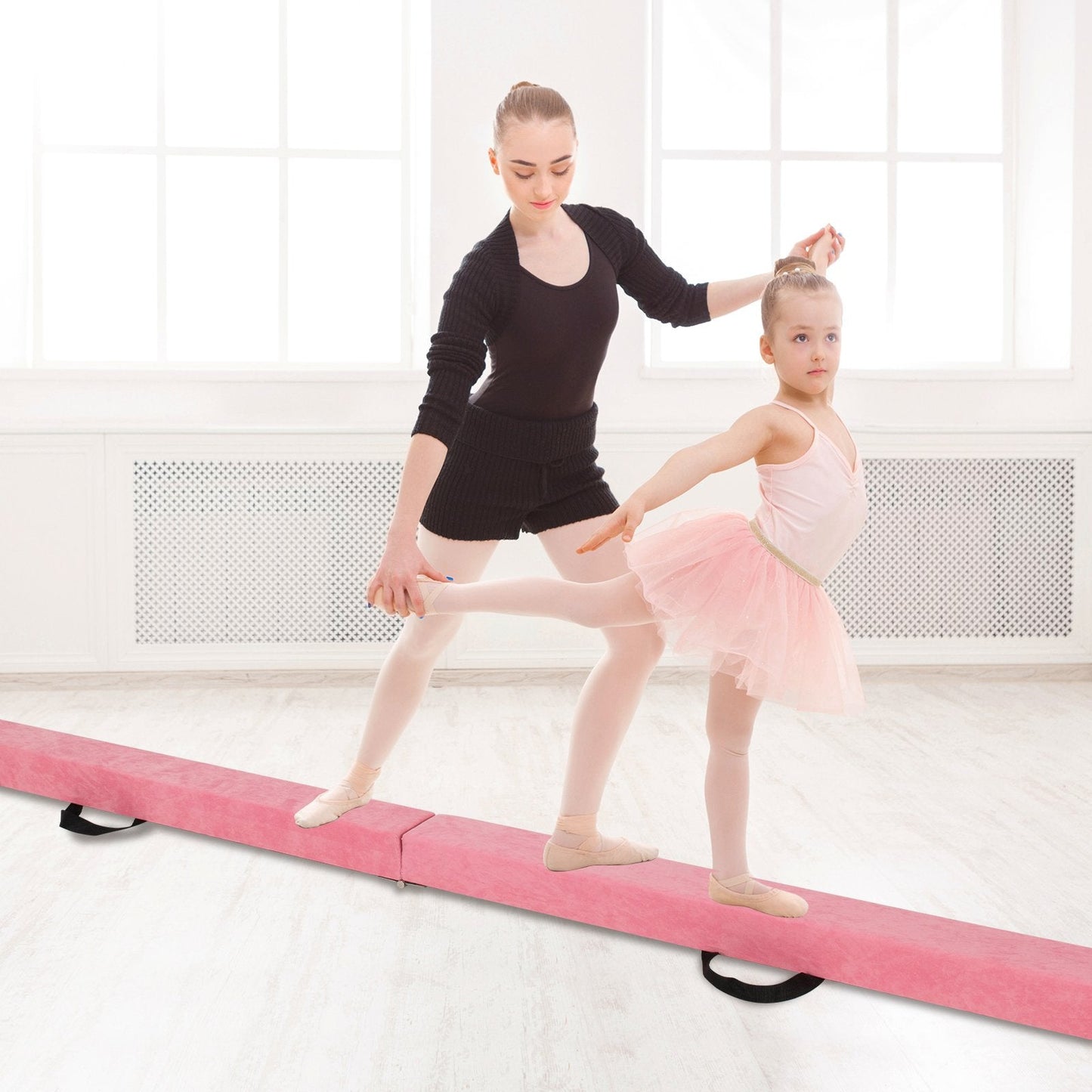 270CM Folding Balance Beam with Solid Wood Base and Anti-slip Bottom-Pink