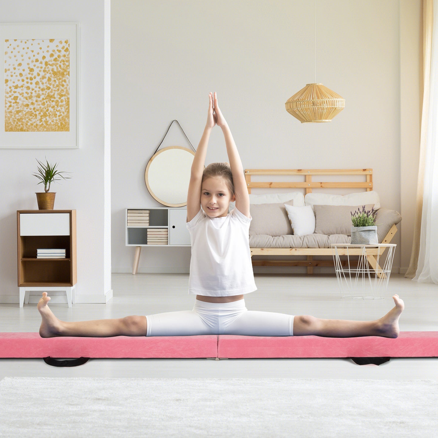 270CM Folding Balance Beam with Solid Wood Base and Anti-slip Bottom-Pink