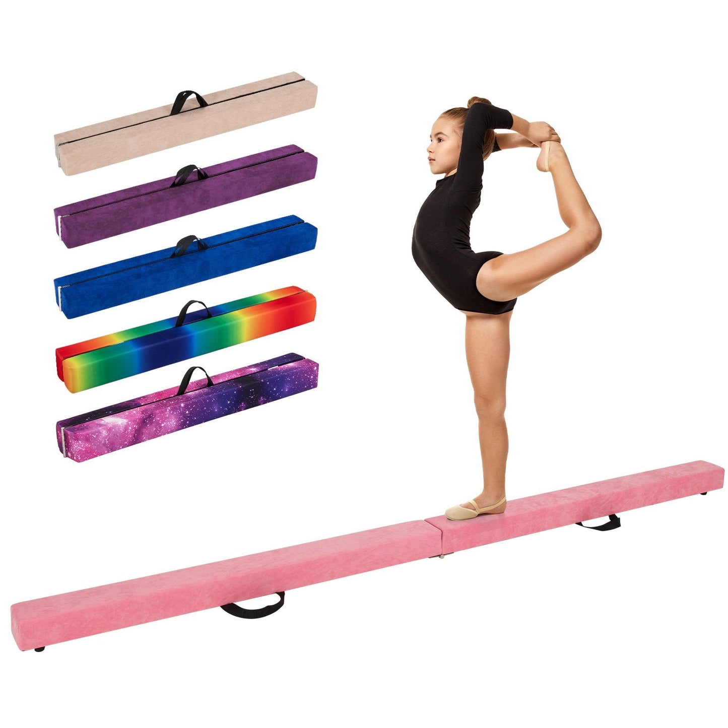 270CM Folding Balance Beam with Solid Wood Base and Anti-slip Bottom-Pink