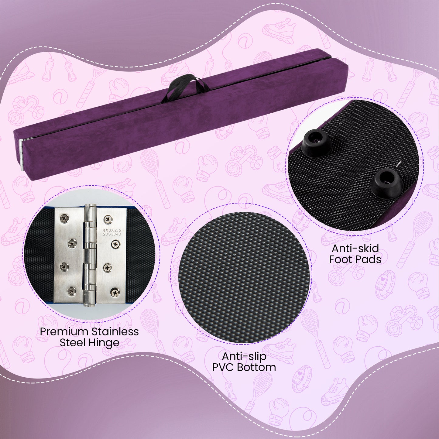 270CM Folding Balance Beam with Solid Wood Base and Anti-slip Bottom-Purple
