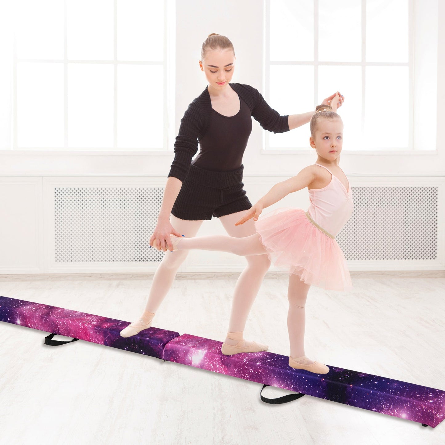 270CM Folding Balance Beam with Solid Wood Base and Anti-slip Bottom-Pink & Purple