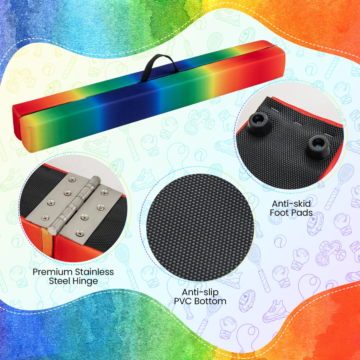 270CM Folding Balance Beam with Solid Wood Base and Anti-slip Bottom-Rainbow