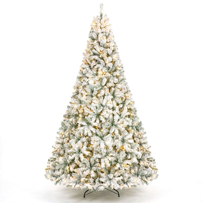 274cm Artificial Snow-Flocked Christmas Tree with Branch Tips and Warm White LED Lights for Home