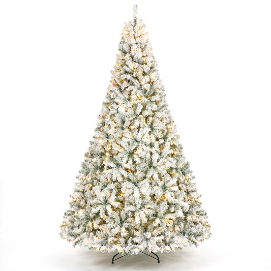 274cm Artificial Snow-Flocked Christmas Tree with Branch Tips and Warm White LED Lights for Home