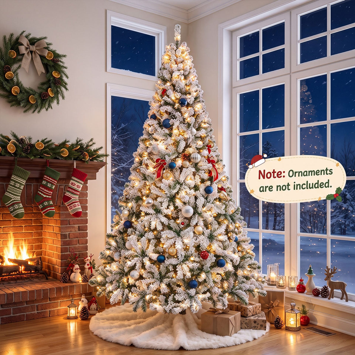 274cm Artificial Snow-Flocked Christmas Tree with Branch Tips and Warm White LED Lights for Home