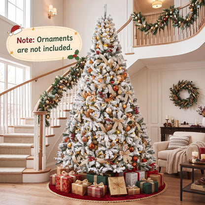 274cm Artificial Snow-Flocked Christmas Tree with Branch Tips and Warm White LED Lights for Home