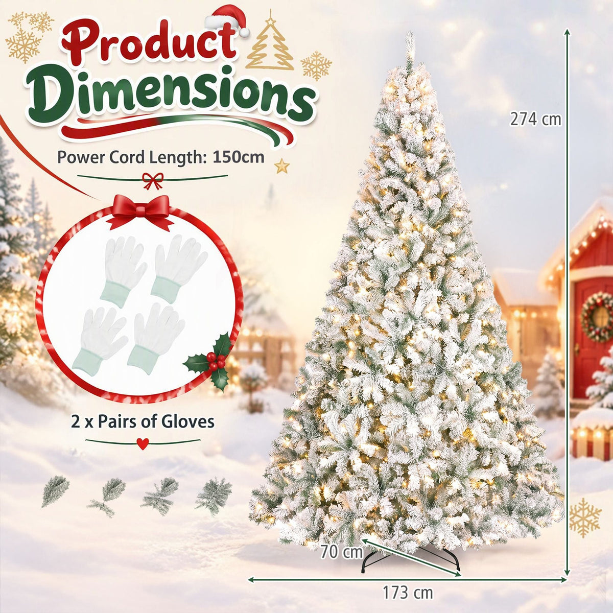 274cm Artificial Snow-Flocked Christmas Tree with Branch Tips and Warm White LED Lights for Home