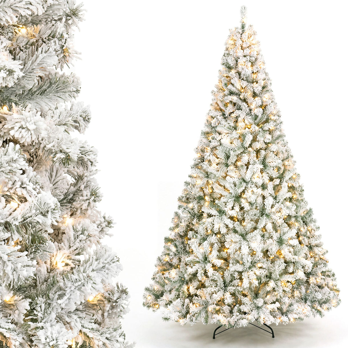 274cm Artificial Snow-Flocked Christmas Tree with Branch Tips and Warm White LED Lights