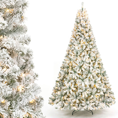 274cm Artificial Snow-Flocked Christmas Tree with Branch Tips and Warm White LED Lights