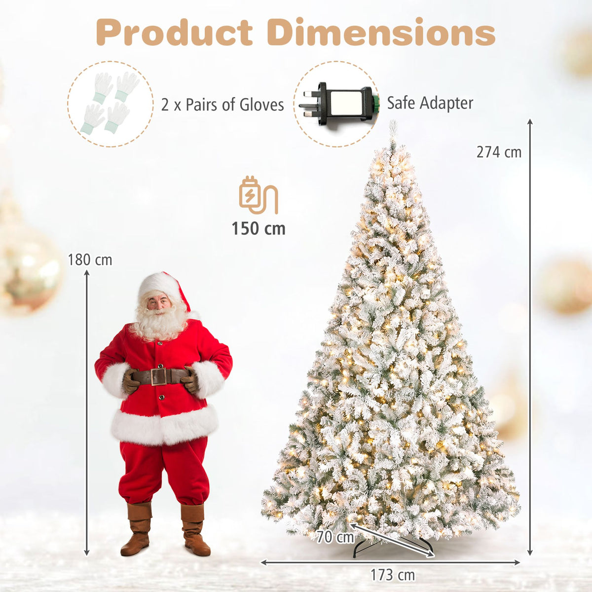 274cm Artificial Snow-Flocked Christmas Tree with Branch Tips and Warm White LED Lights