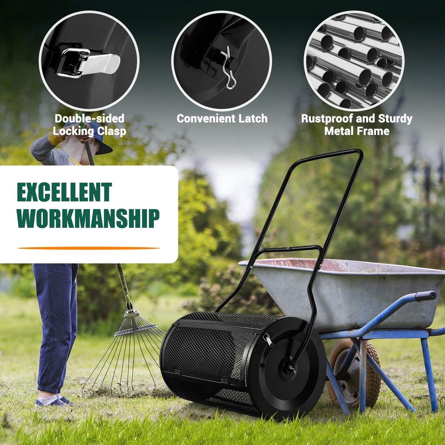 27 Inch Compost Spreader with Upgrade U-shaped Handle-Black