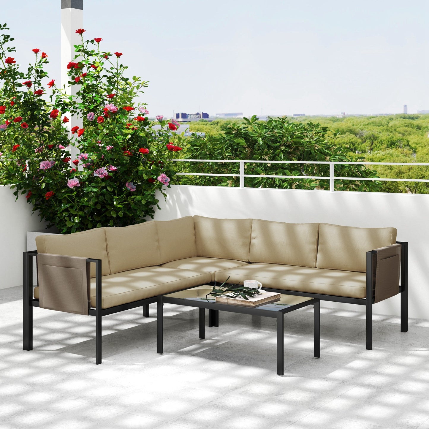 Outsunny 4 Piece Metal Garden Furniture Set with Tempered Glass Coffee Table, Breathable Mesh Pocket, Outdoor Conversational Corner Sofa Loveseat with Padded Cushions, Khaki