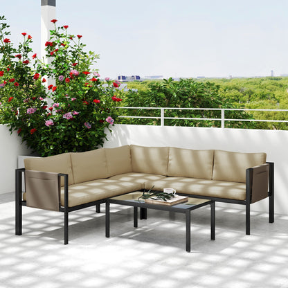 Outsunny 4 Piece Metal Garden Furniture Set with Tempered Glass Coffee Table, Breathable Mesh Pocket, Outdoor Conversational Corner Sofa Loveseat with Padded Cushions, Khaki