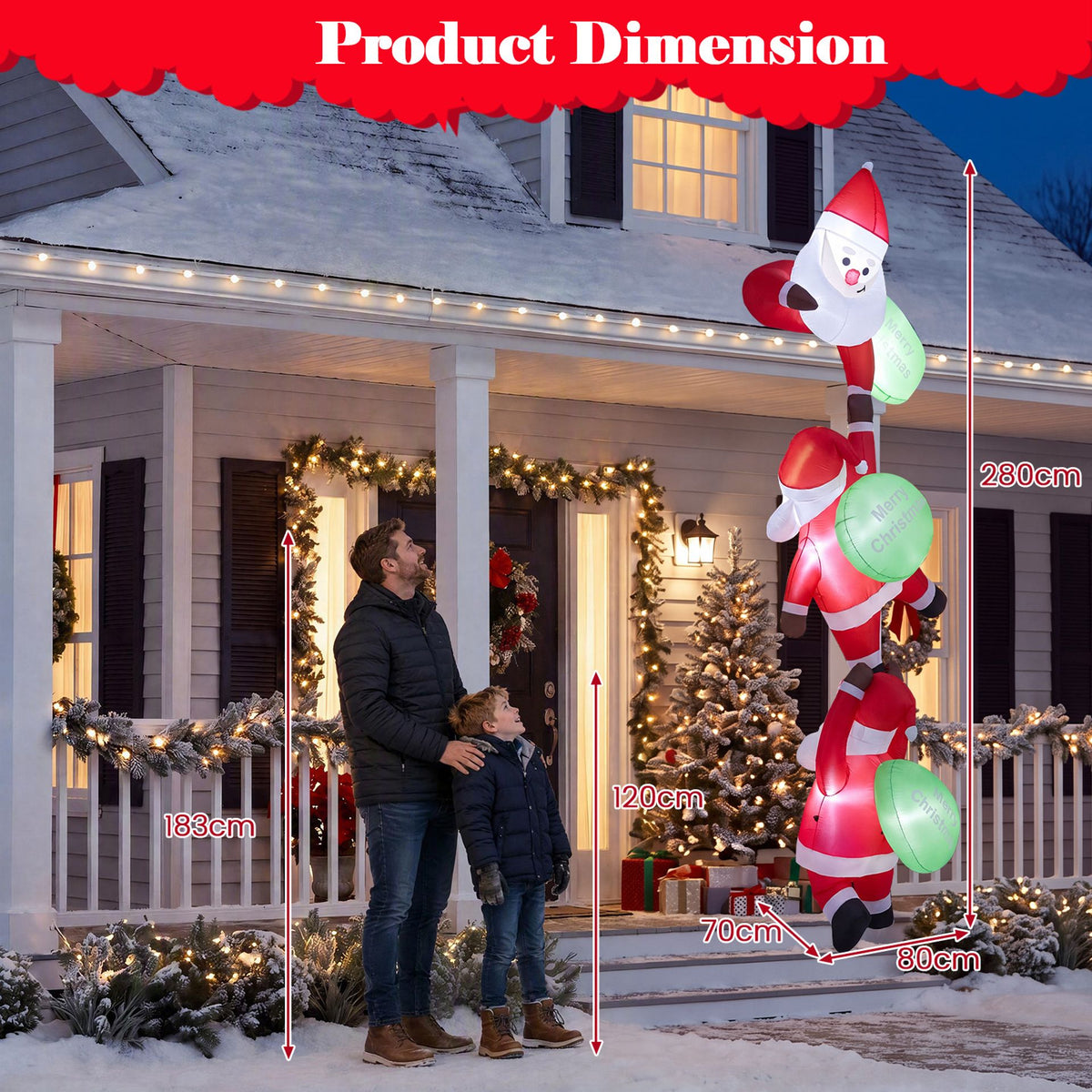 280 cm Hanging Christmas Inflatable Indoor Outdoor Decoration with Gift Bags and Built-in LED Lights