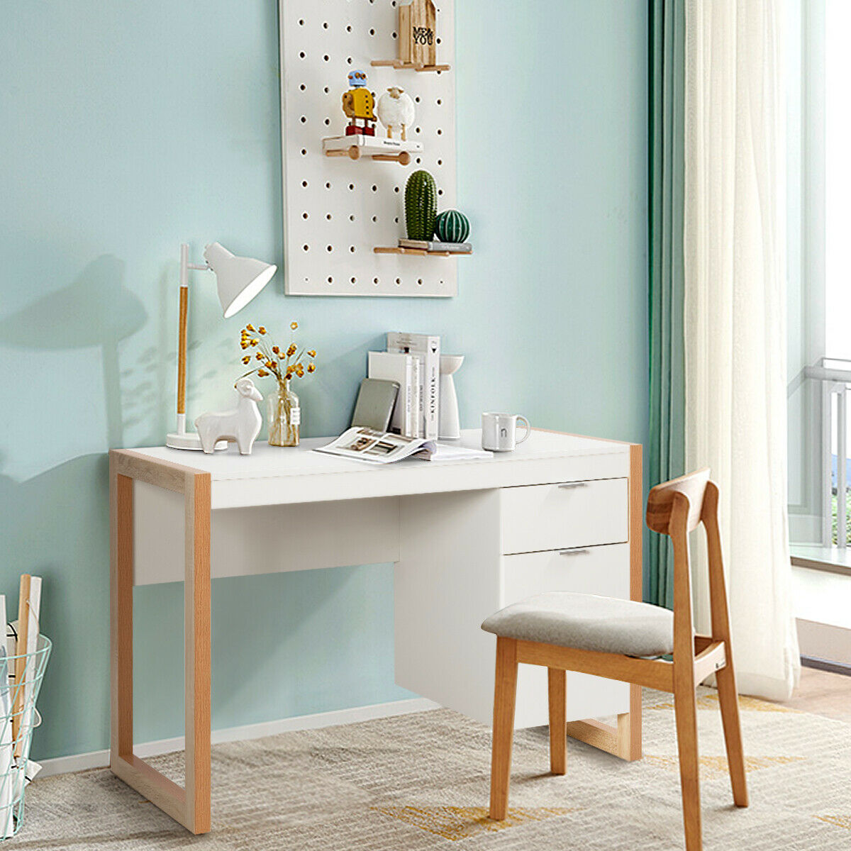 Wooden Computer Desk with Drawer and Cabinet for Home Office