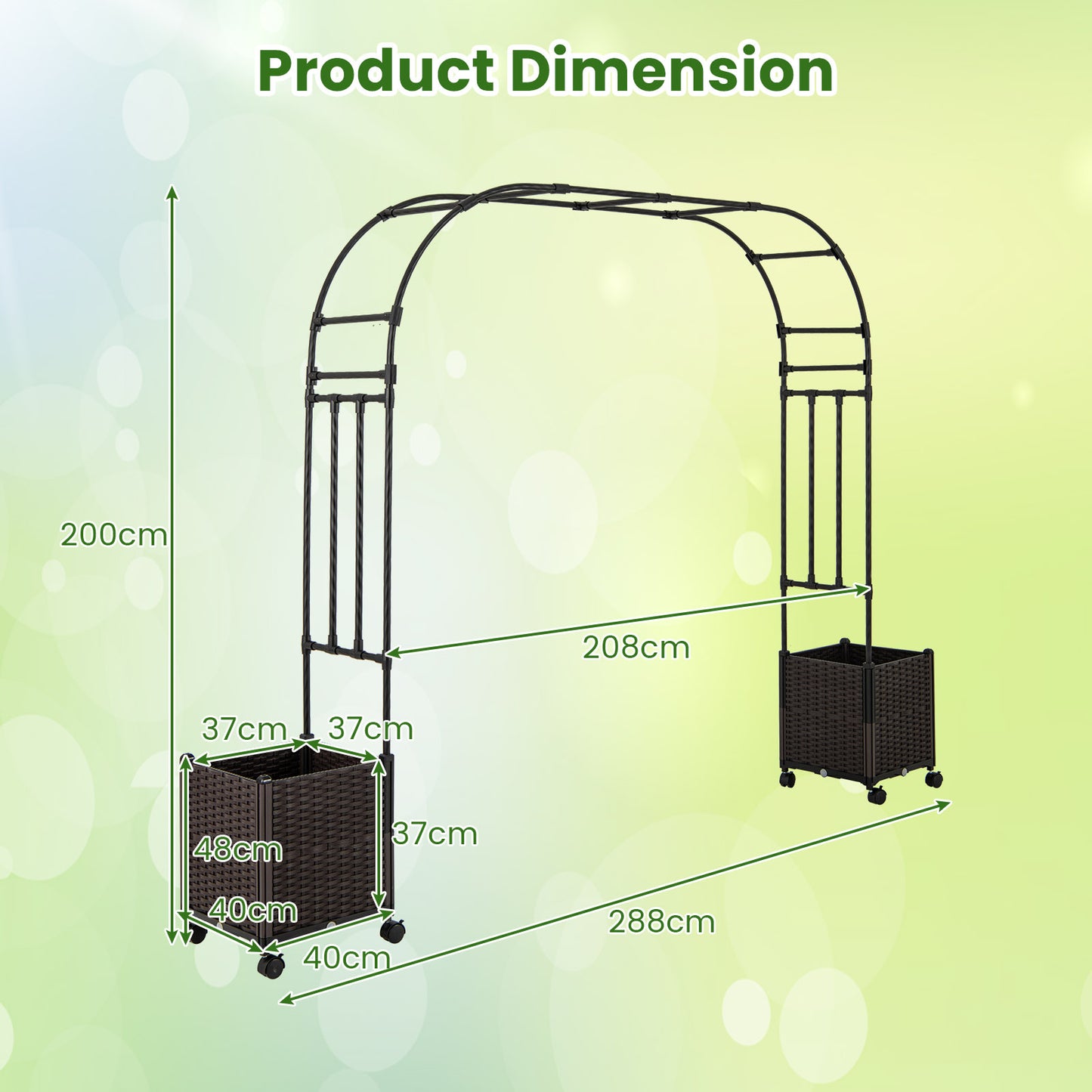 288 cm Garden Arch Trellis with 2 Planter Boxes for Wedding-Black
