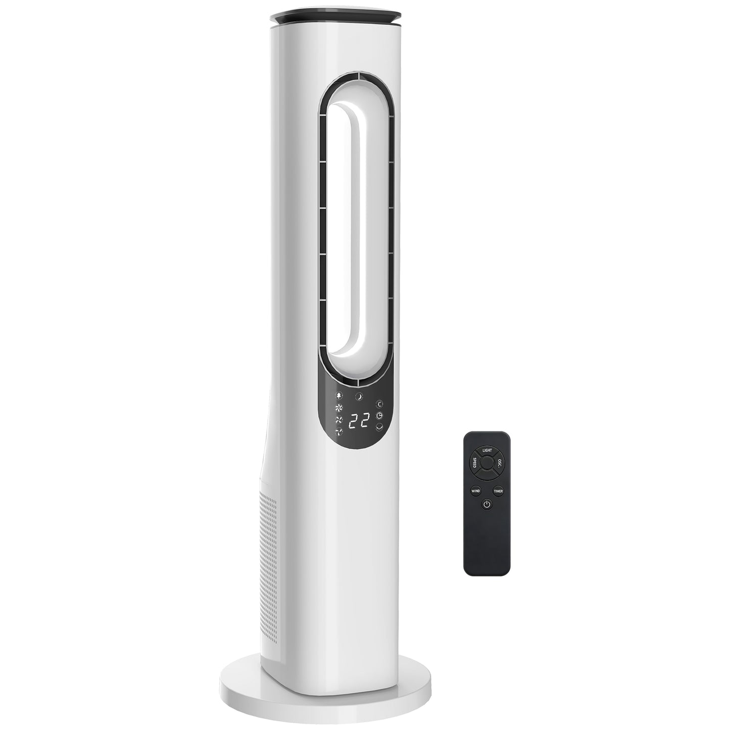 HOMCOM Bladeless Tower Fan for Bedroom, 35dB Standing Cooling Fan with 50° Oscillating, LED Lights, 3 Speeds, 15H Timer, White