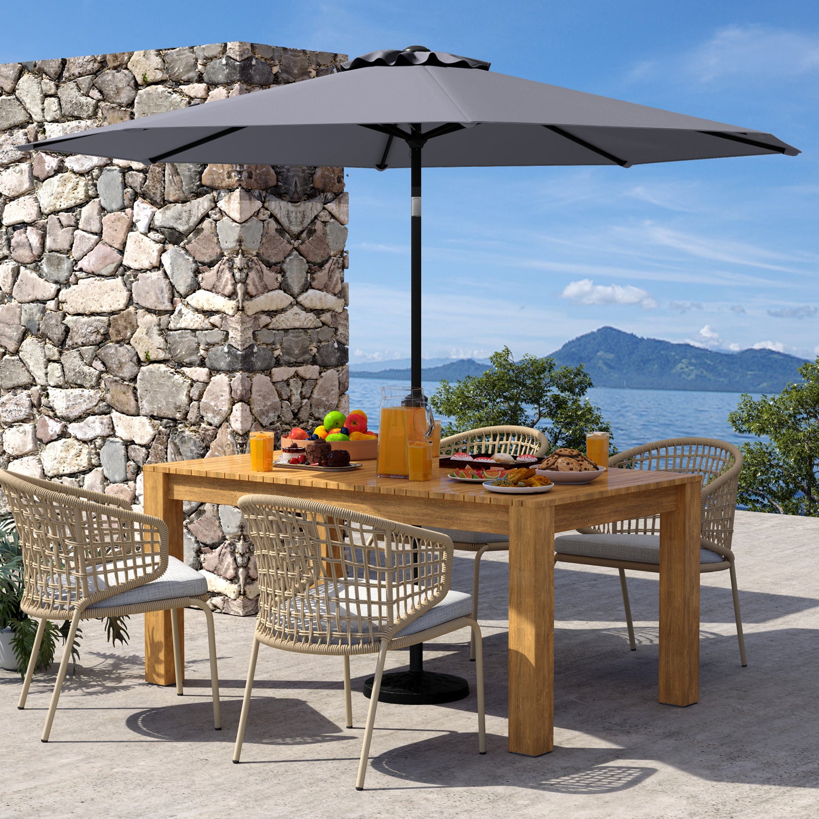 290 CM Patio Umbrella with Crank and 8 Sturdy Ribs for Garden Yard-Grey