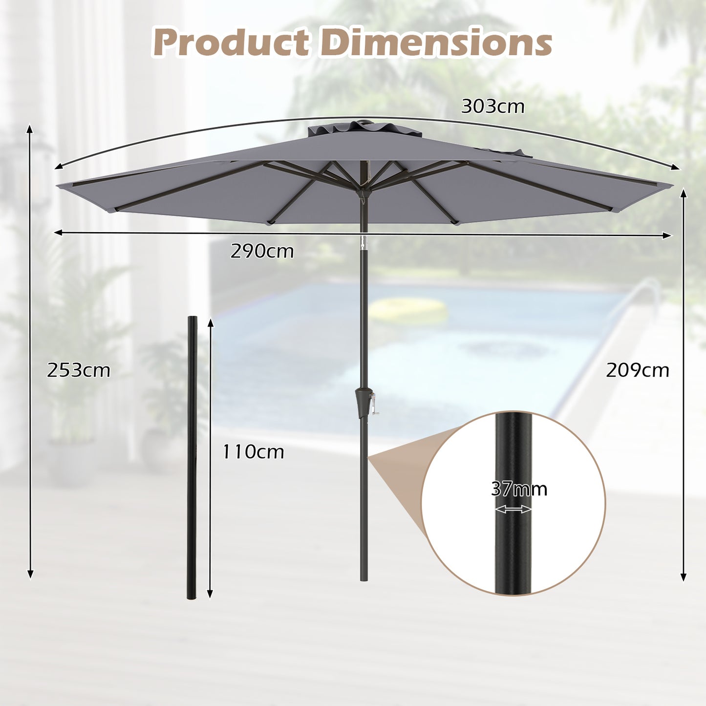 290 CM Patio Umbrella with Crank and 8 Sturdy Ribs for Garden Yard-Grey