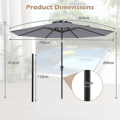 290 CM Patio Umbrella with Crank and 8 Sturdy Ribs for Garden Yard-Grey