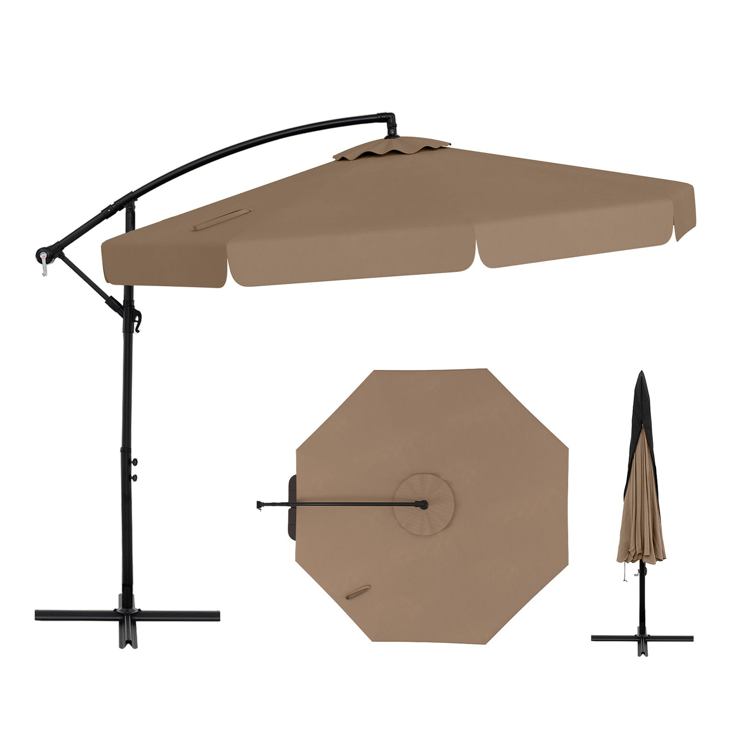 290 cm Patio Cantilever Umbrella with Easy Tilt Adjustment and Ruffled Edge-Brown