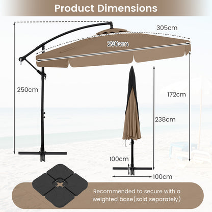 290 cm Patio Cantilever Umbrella with Easy Tilt Adjustment and Ruffled Edge-Brown