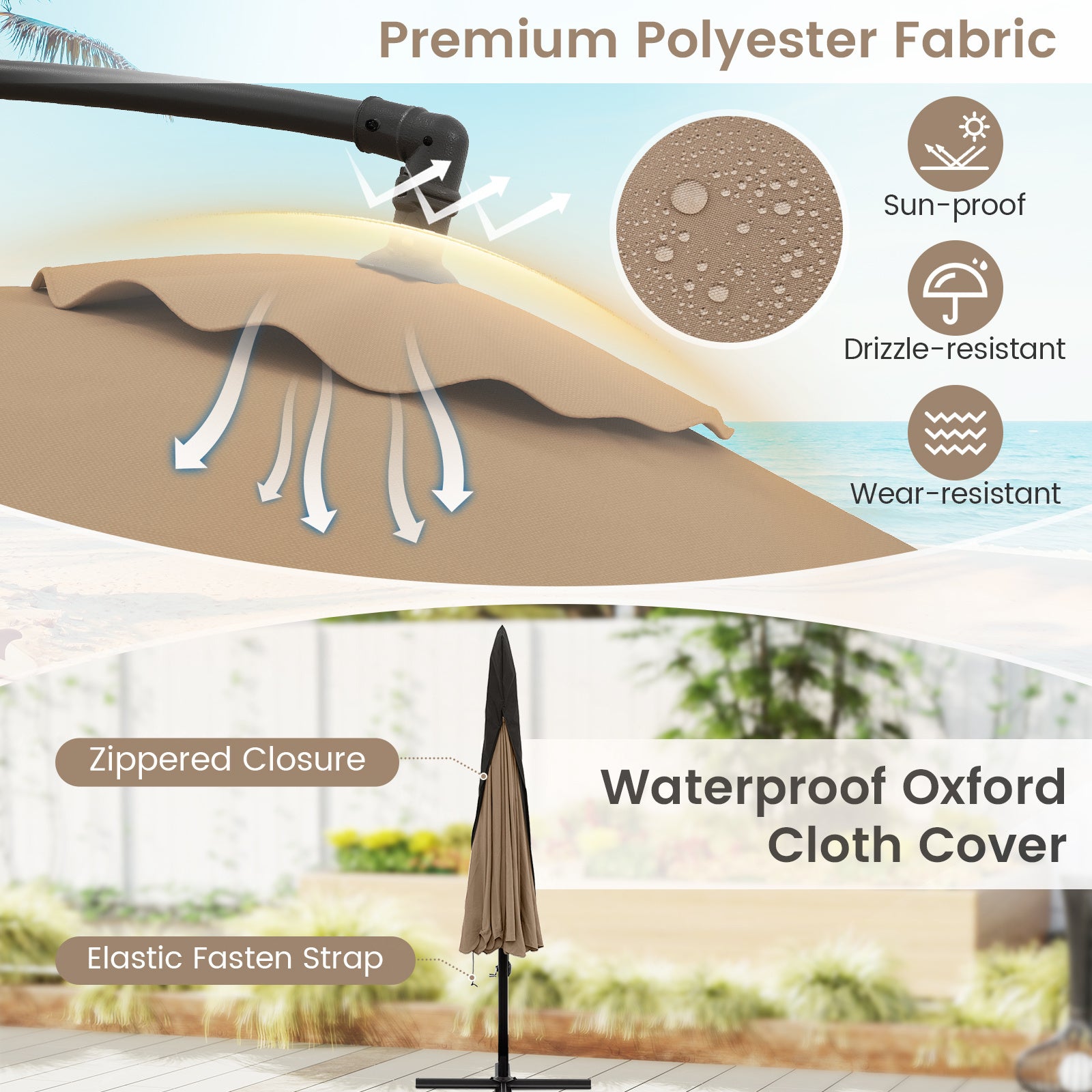 290 cm Patio Cantilever Umbrella with Easy Tilt Adjustment and Ruffled Edge-Brown