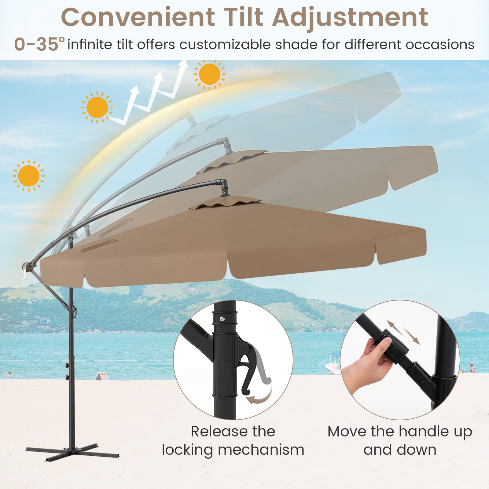 290 cm Patio Cantilever Umbrella with Easy Tilt Adjustment and Ruffled Edge-Brown