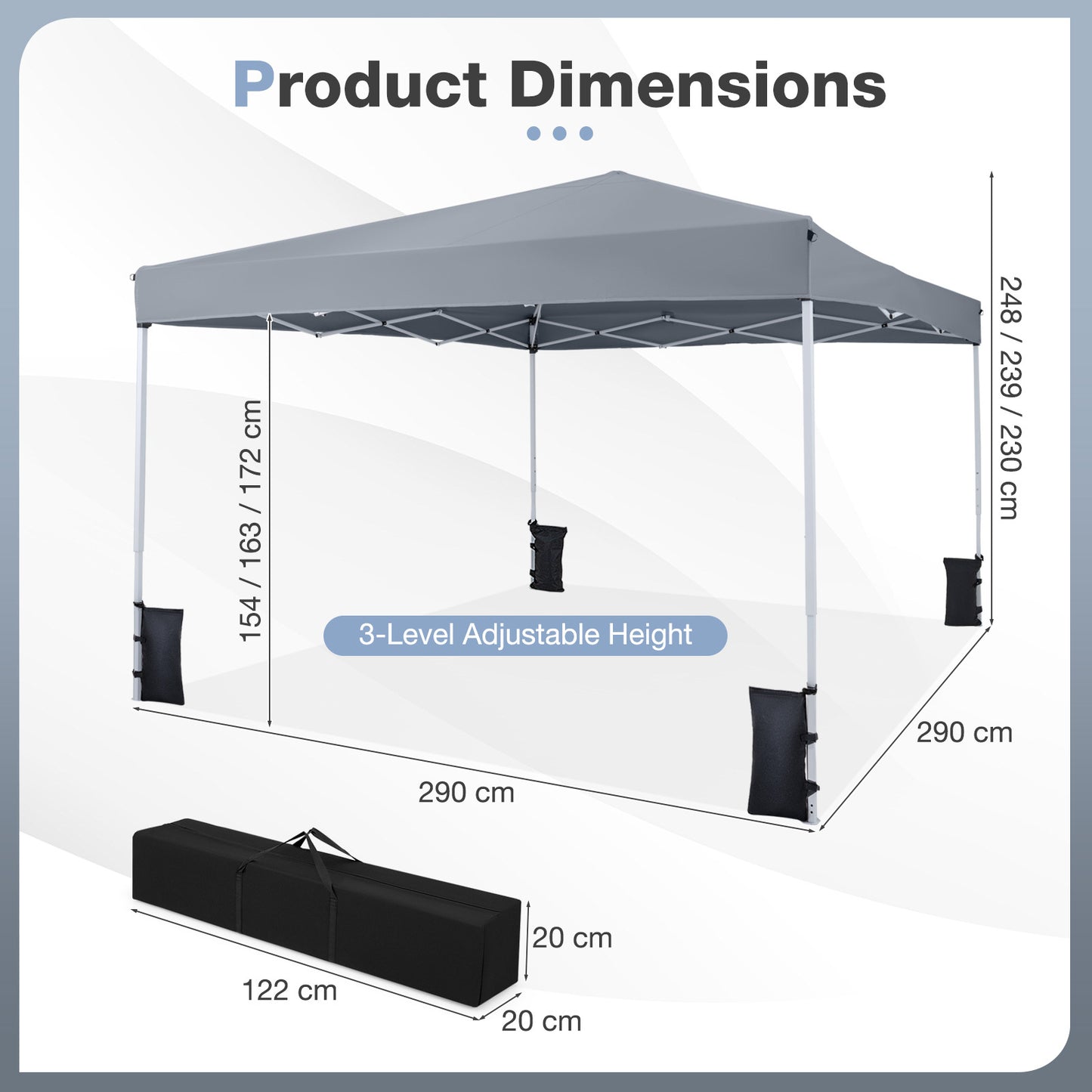 290 x 290 cm Pop up Canopy Tent with Carrying Bag and 4 Sandbags-Grey