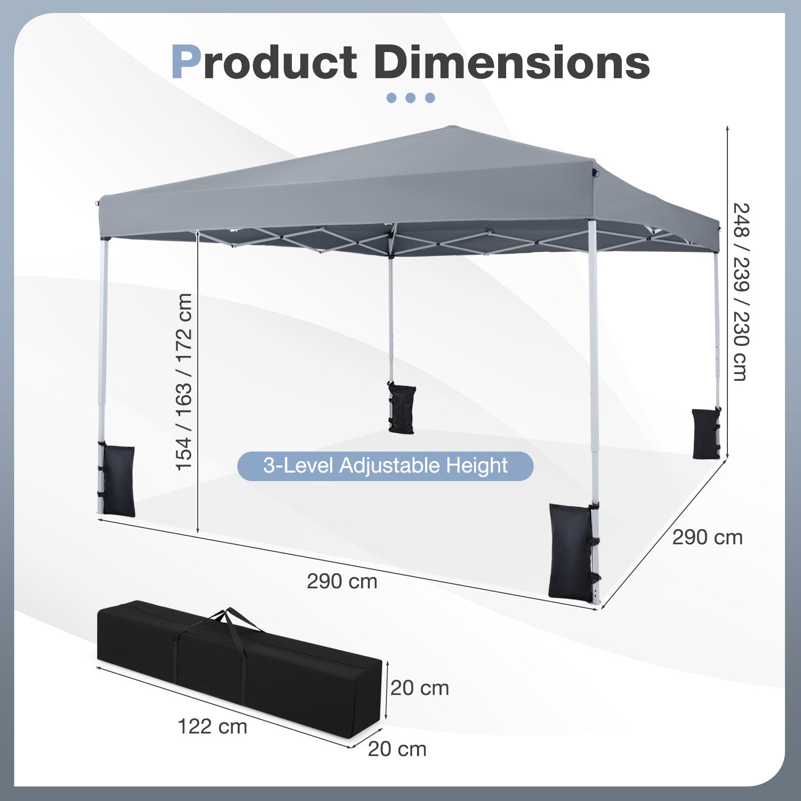 290 x 290 cm Pop up Canopy Tent with Carrying Bag and 4 Sandbags-Grey