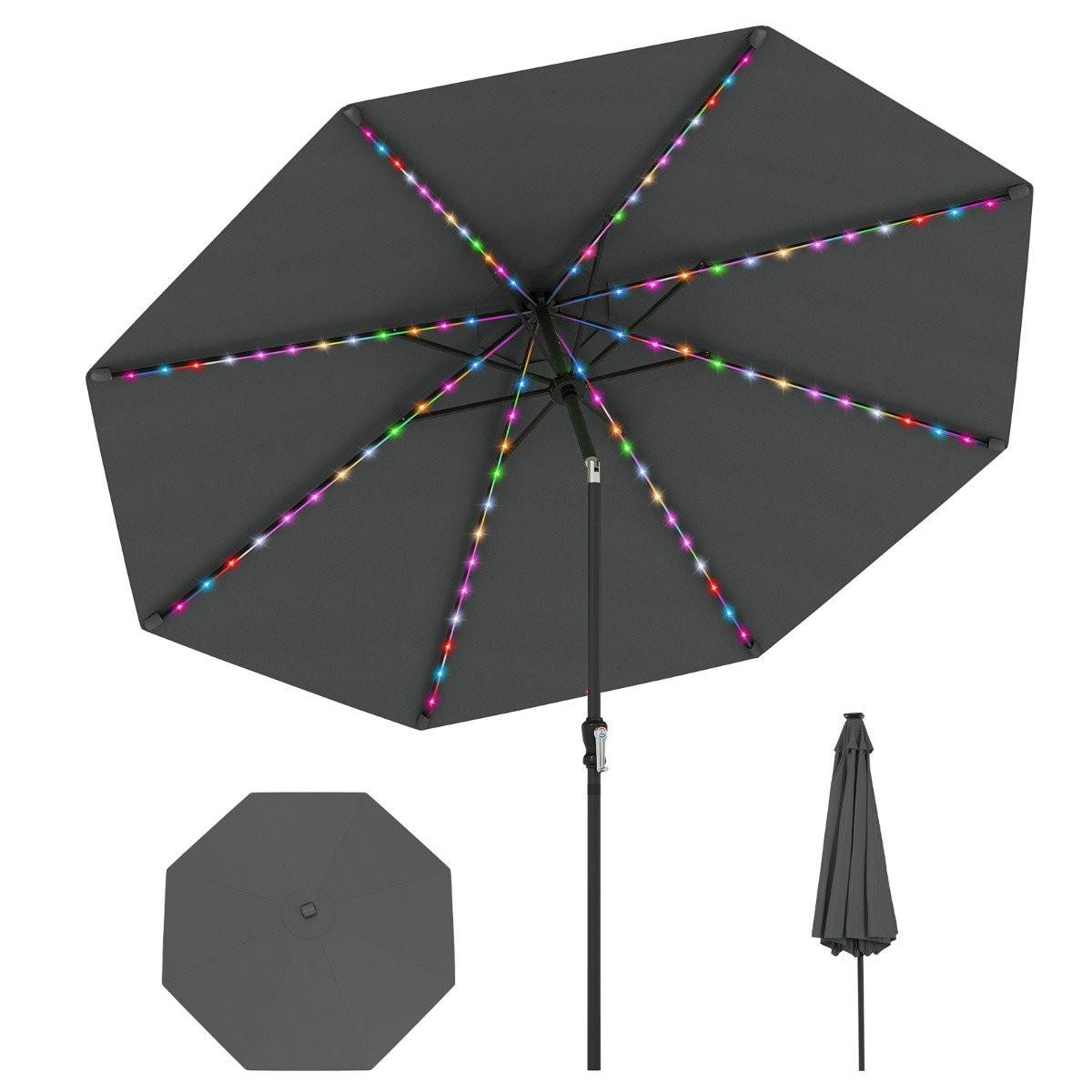 290 cm Solar Patio Umbrella with 96 LED Lights and 9 Modes-Grey