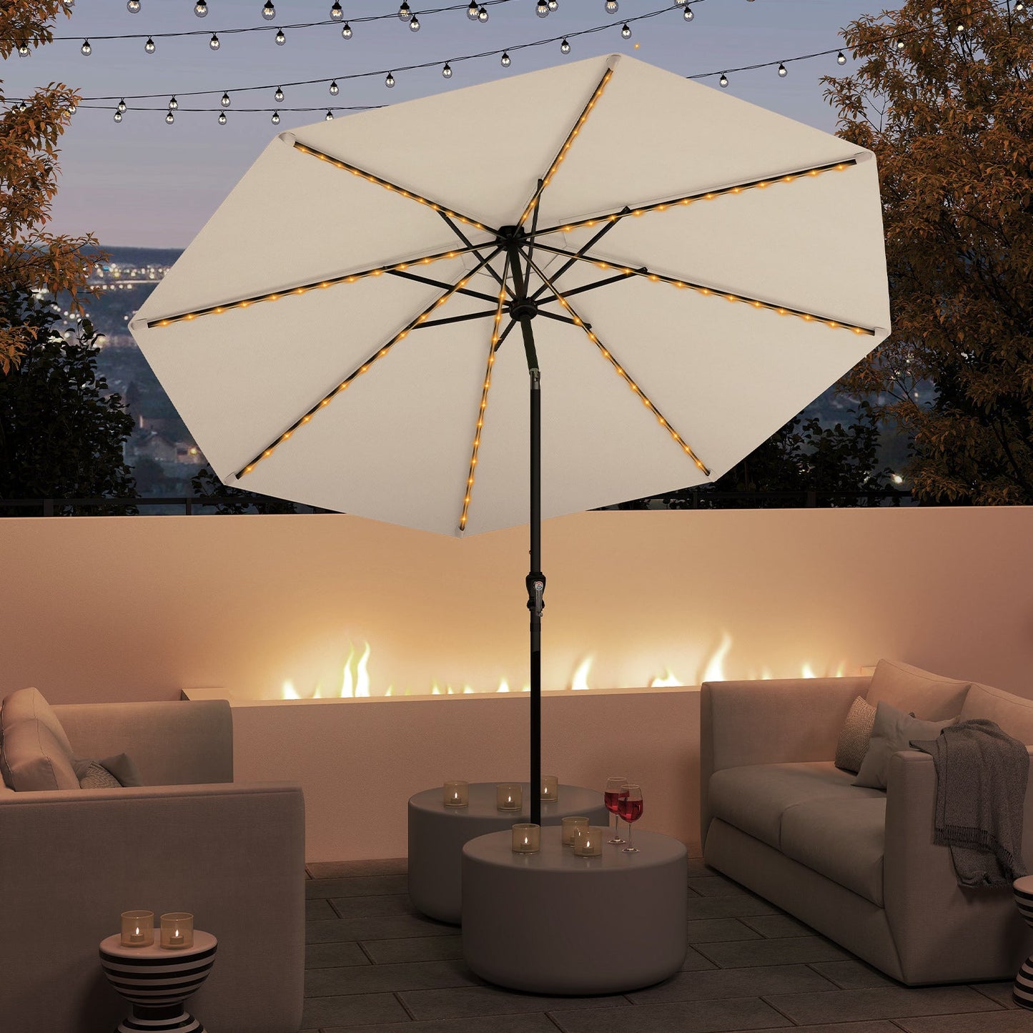 290 cm Solar Patio Umbrella with 96 LED Lights and 9 Modes-Beige