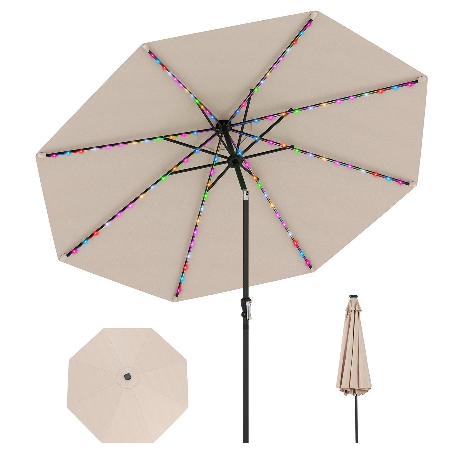 290 cm Solar Patio Umbrella with 96 LED Lights and 9 Modes-Beige