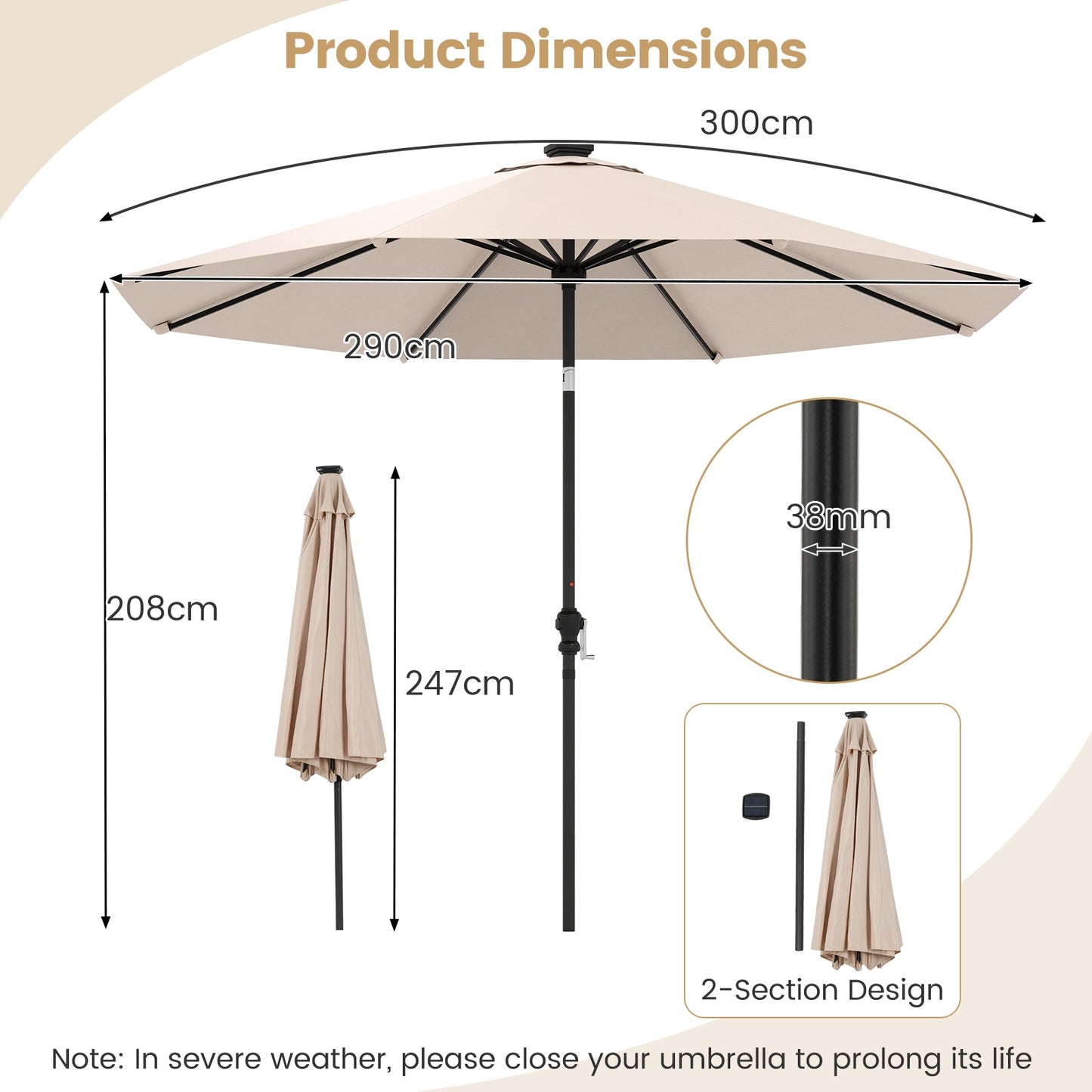290 cm Solar Patio Umbrella with 96 LED Lights and 9 Modes-Beige