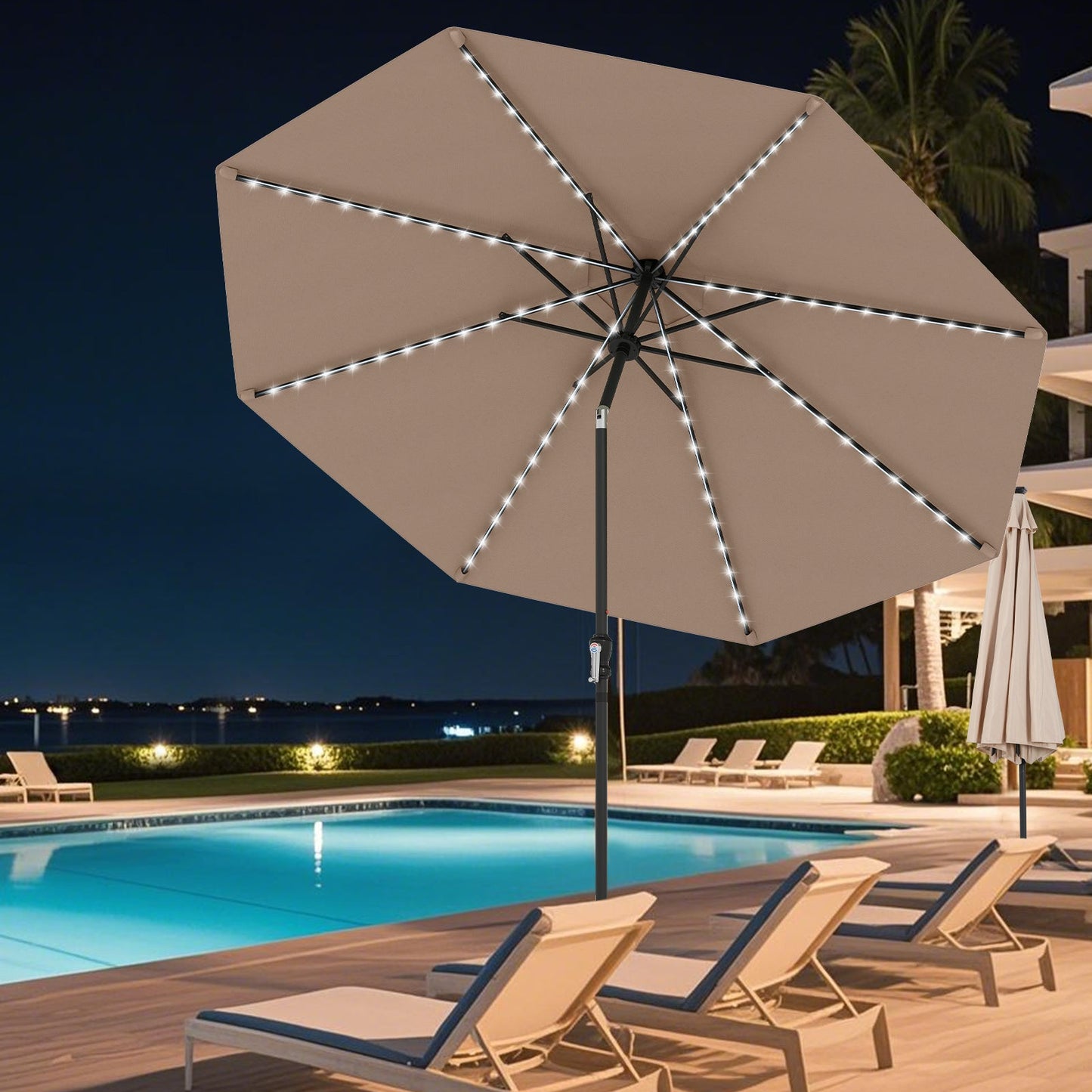 290 cm Solar Patio Umbrella with 96 LED Lights and 9 Modes-Coffee
