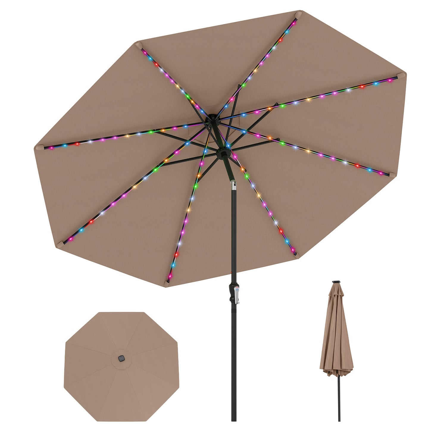 290 cm Solar Patio Umbrella with 96 LED Lights and 9 Modes-Coffee