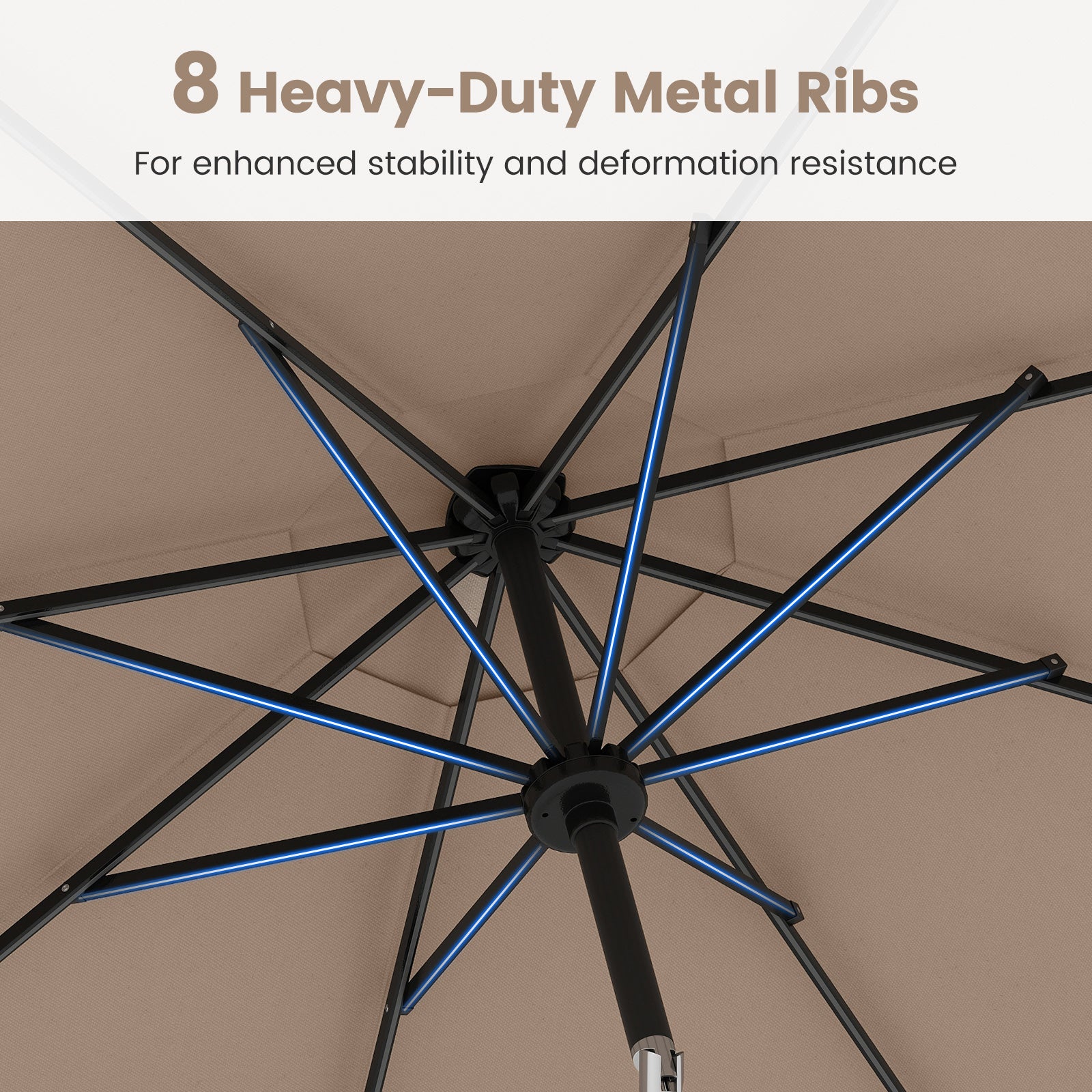 290 cm Solar Patio Umbrella with 96 LED Lights and 9 Modes-Coffee