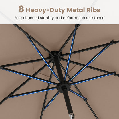 290 cm Solar Patio Umbrella with 96 LED Lights and 9 Modes-Coffee