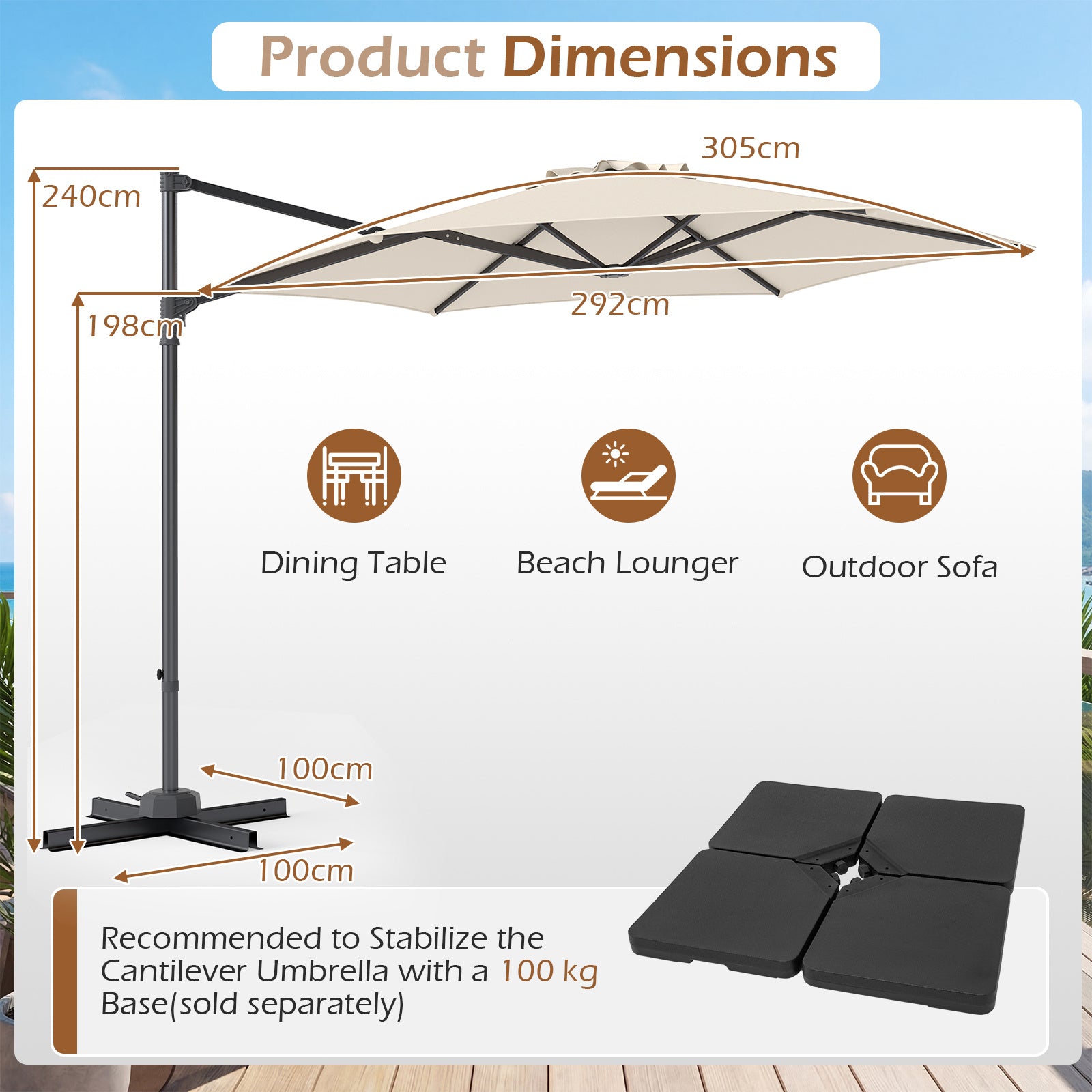 292cm Patio Cantilever Umbrella Large Offset Hanging Umbrella with 360° Rotation-Beige